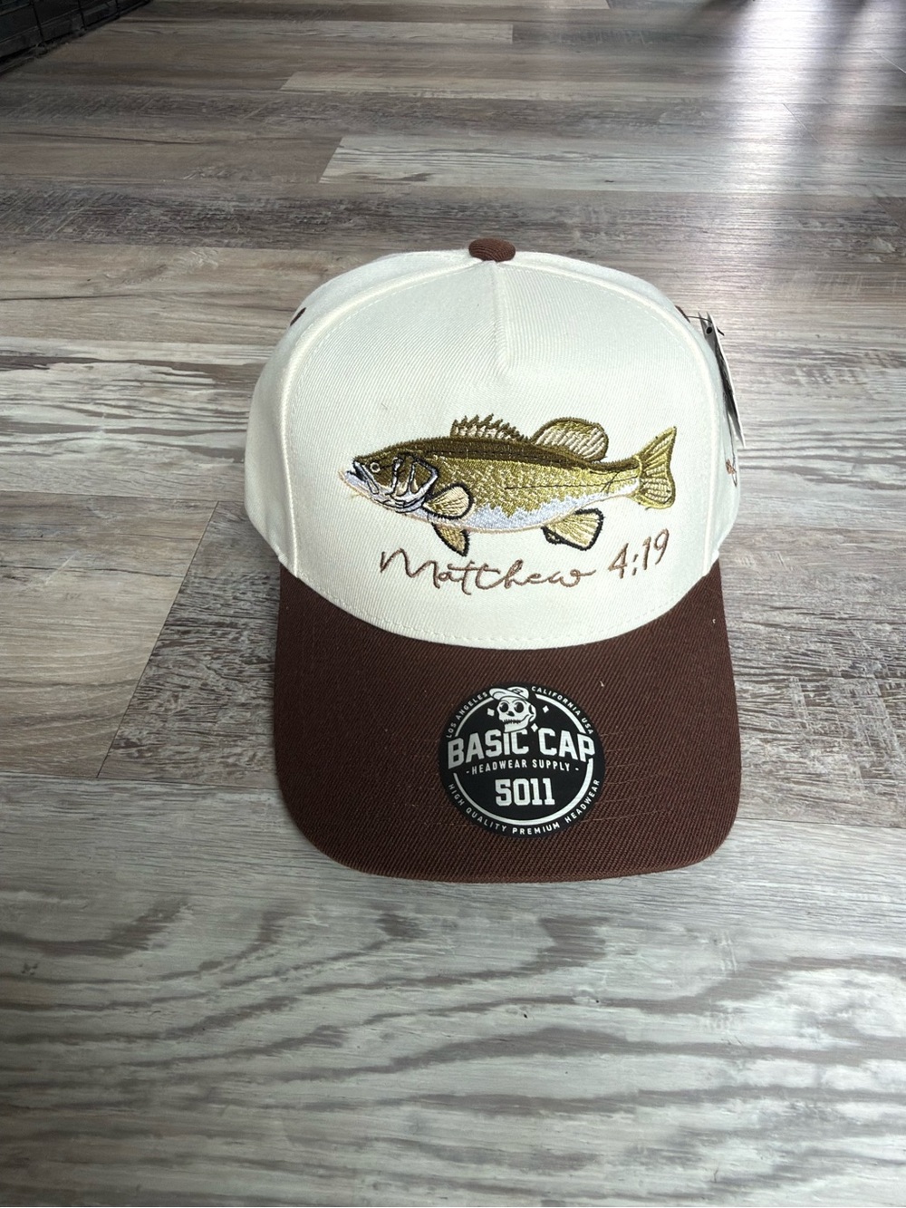 Embroidered Fish Trucker Hat - Cream and Brown by